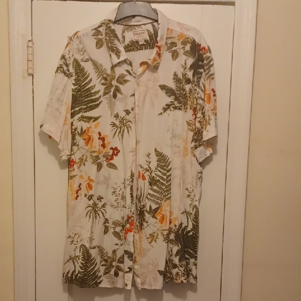 Guess Botanical Print Shirt with Green and Orange Accents